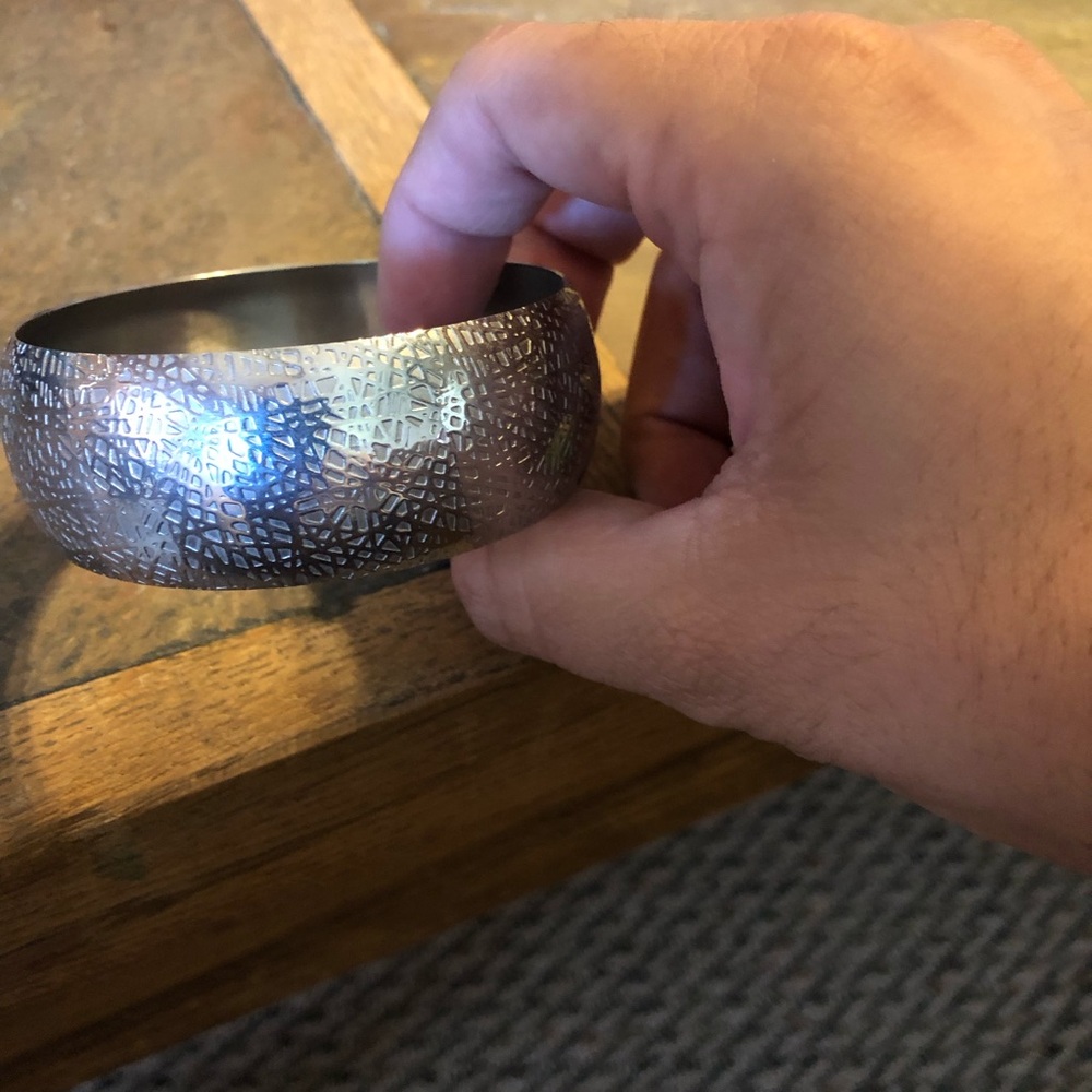 Textured Silver Tone Wide Bangle Bracelet